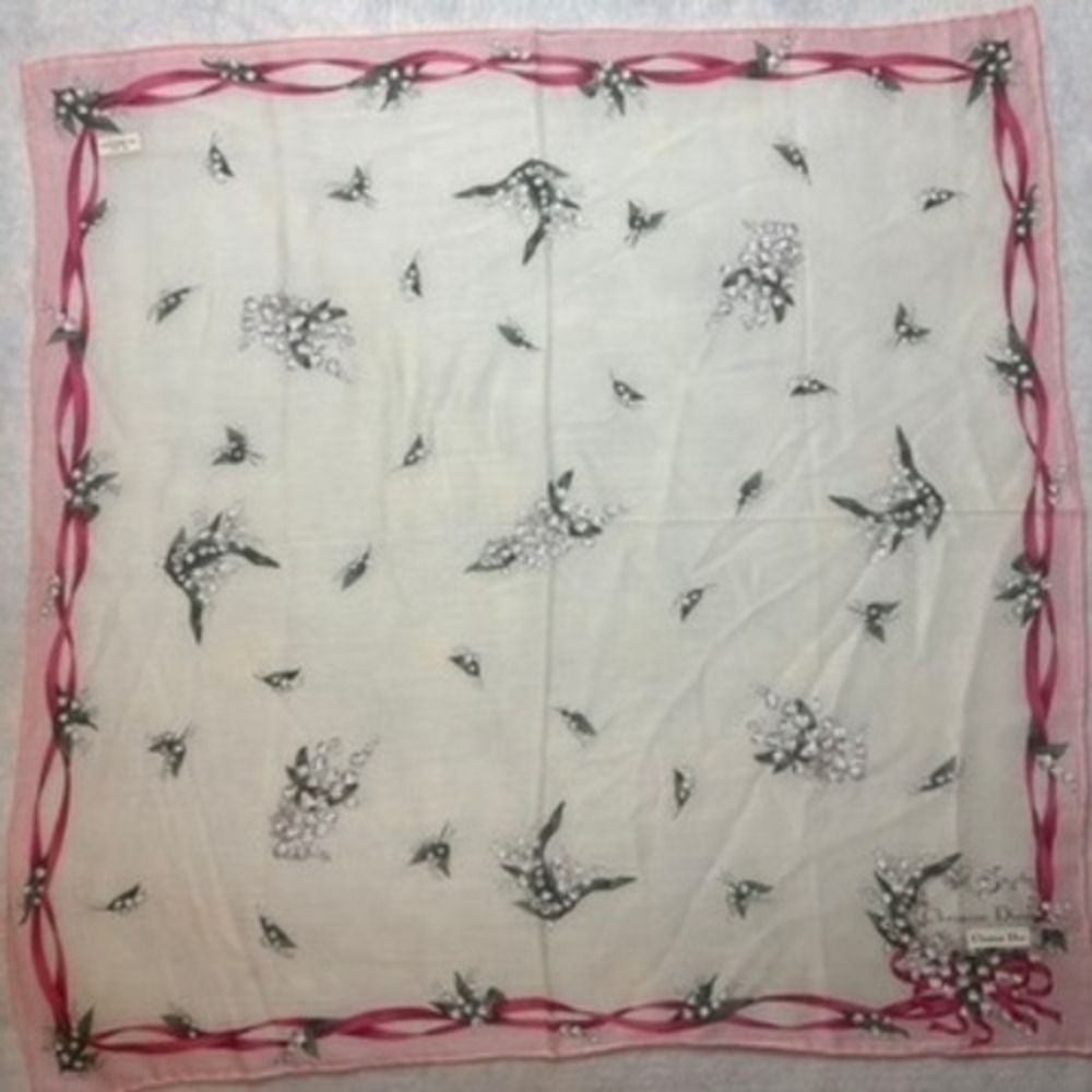 Vtg CHRISTIAN DIOR Scarf Handkerchief Lily of the Valley  White Pink 19.5"